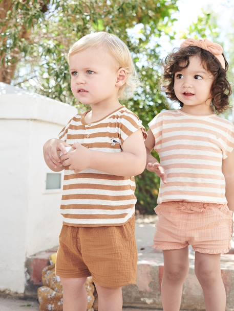 Ensemble bébé short, T-shirt rayé et bandeau orange 