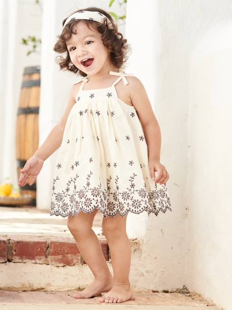 Ensemble bébé robe brodée, bloomer et bandeau assorti écru 