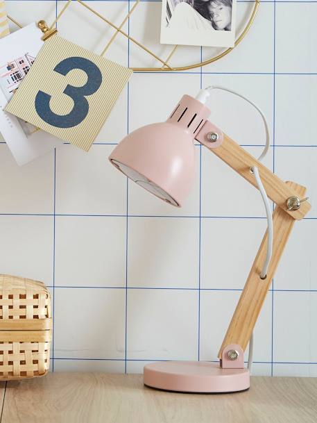 Kinderzimmer Schreibtischlampe, Holz+Metall rosa+weiss 