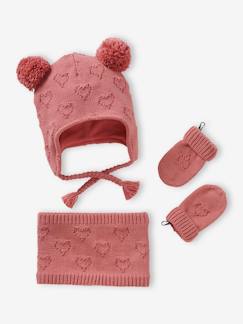 Bébé-Accessoires-Ensemble bébé fille bonnet + snood + moufles coeurs