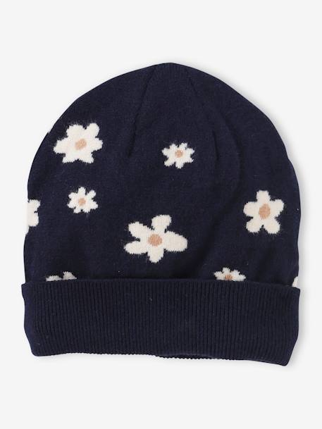 Bonnet fille avec motifs marguerites en jacquard marine 