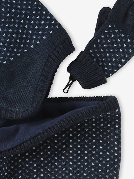 Ensemble bonnet + snood + gants ou moufles en maille jacquard tripoint garçon bleu nuit 