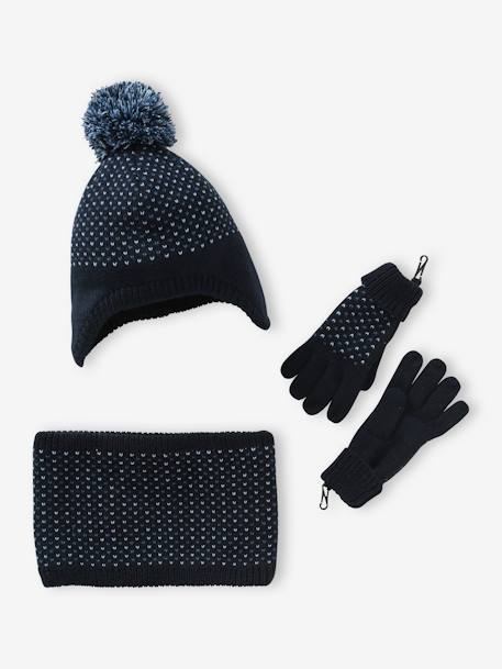 Ensemble bonnet + snood + gants ou moufles en maille jacquard tripoint garçon bleu nuit 