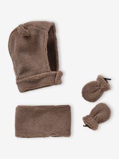 Bébé-Accessoires-Bonnet, écharpe, gants-Ensemble ourson bébé garçon cagoule + snood + moufles en sherpa