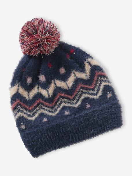 Ensemble bonnet + snood + gants ou moufles jacquard fluffy fille bleu nuit 