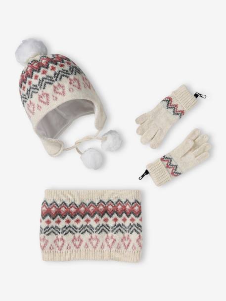 Ensemble bonnet + snood + gants ou moufles en maille jacquard fille beige chiné 