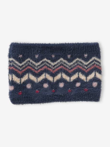 Ensemble bonnet + snood + gants ou moufles jacquard fluffy fille bleu nuit 