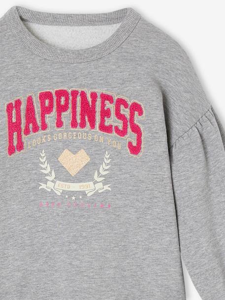 Sweat sport fille 'Hapiness' en bouclette et détails irisés fille gris chiné 