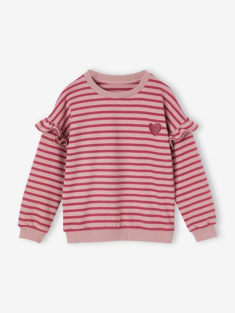Mädchen Ringel-Sweatshirt, Volantärmel altrosa+grün gestreift+jeansblau+lila+rosa gestreift 