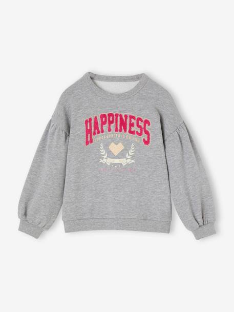 Sweat sport fille 'Hapiness' en bouclette et détails irisés fille gris chiné 