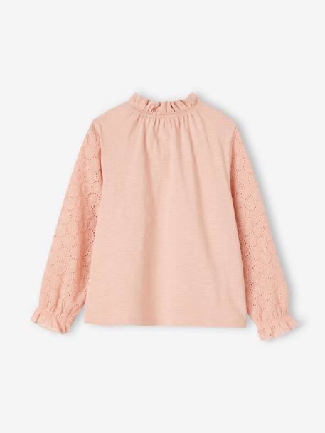 Tee-shirt manches longues en broderie anglaise fille rose pâle 