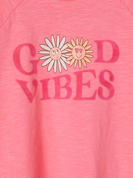 Tee-shirt 'good vibes' animation flatlock velours et fleurs fille rose bonbon 