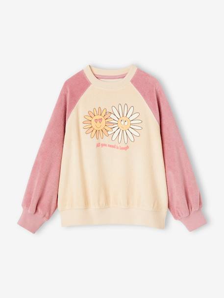 Sweat raglan en éponge motifs fleurs pop fille écru 