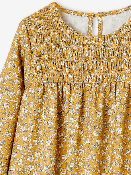 Robe à smocks motifs fleurs fille manches longues marine+moutarde 