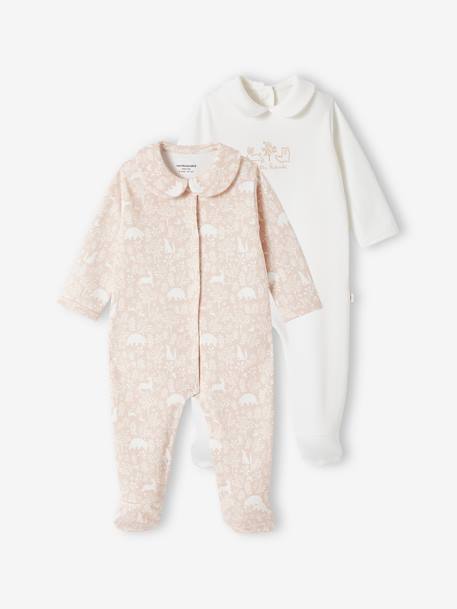 Lot de 2 dors-bien 'animaux' bébé fille en coton bio bleu jean+rose poudré 