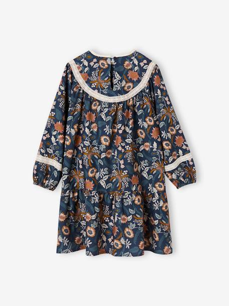 Robe à fleurs détails en dentelle fille beige+bleu nuit+vert 