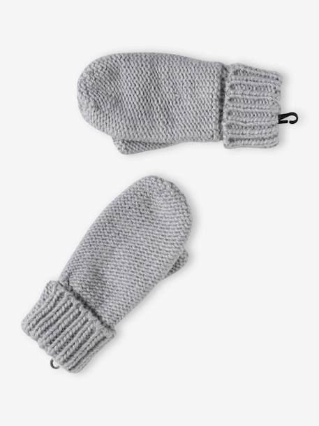 Ensemble bonnet + snood + gants ou moufles pompons fille gris chiné 