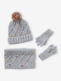 Fille-Accessoires-Bonnet, écharpe, gants-Ensemble bonnet + snood + gants ou moufles pompons fille