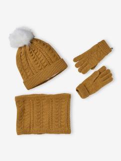 Ensemble bonnet + snood + gants ou moufles en maille torsadée fille