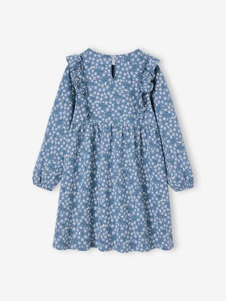 Robe imprimée fleurs fille manches volantées bleu grisé+écru+vieux rose 