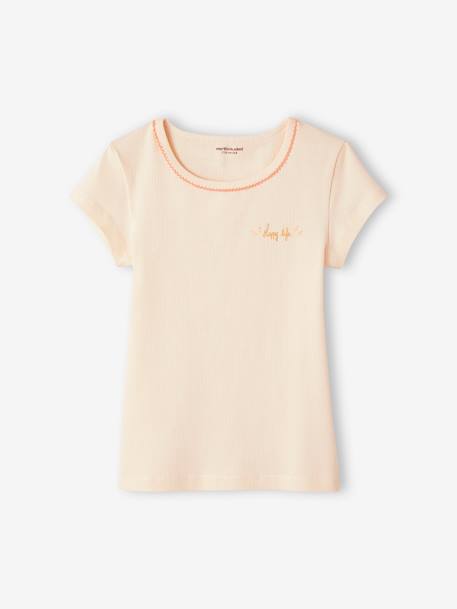 Lot de 3 T-shirts fantaisie manches courtes en maille côtelée fille rose nude 