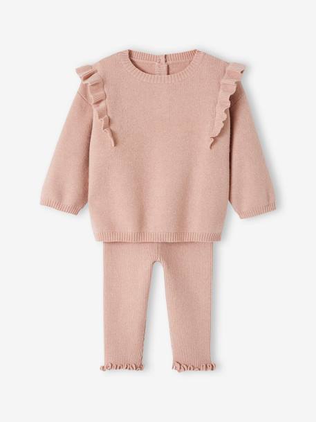 Ensemble bébé tricot pull + legging rose poudré 