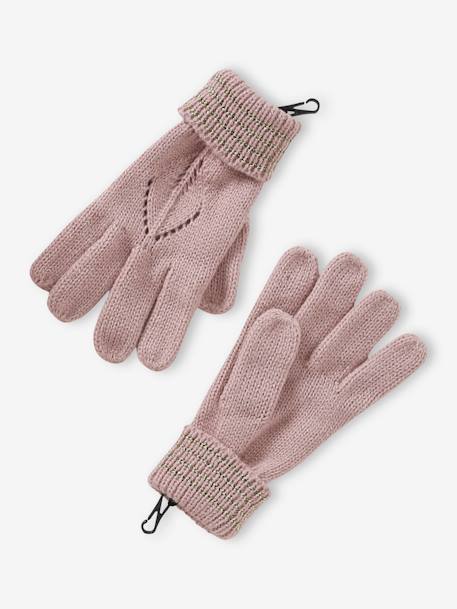 Ensemble béret + écharpes + gants ou moufles en maille ajourée et fourrure fantaisie fille rose poudré 
