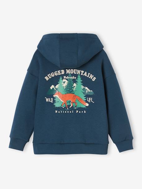 Sweat à capuche grand motif nature au dos garçon bleu nuit+vert sauge 