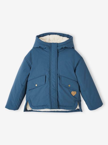 Parka à capuche courte doublée sherpa fille bleu pétrole 