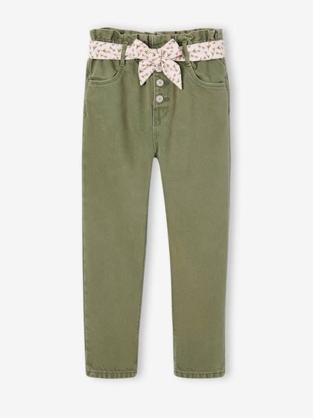 Pantalon paperbag fille et sa ceinture foulard à fleurs abricot+mauve+vert 