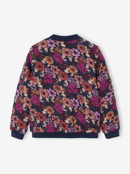 Blouson matelassé style bomber motifs fleurs fille bleu nuit 