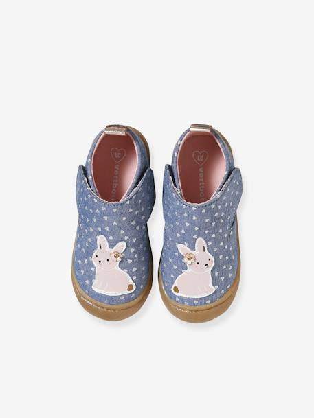 Chaussons scratchés bébé en toile imprimée blanc imprimé+bleu chambray 