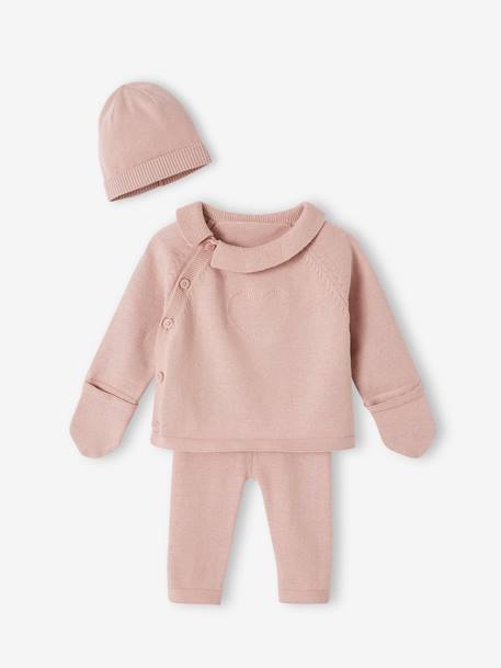 Baby Strick-Set: Cardigan, Leggings & Mütze Oeko-Tex mauve+schiefergrau 