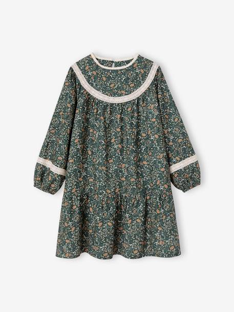 Robe à fleurs détails en dentelle fille beige+bleu nuit+vert 