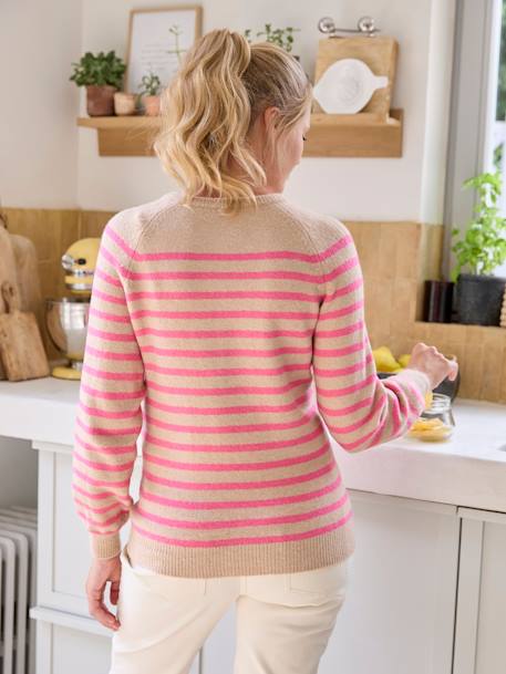 Pull rayé col tunisien grossesse et allaitement beige poudré 