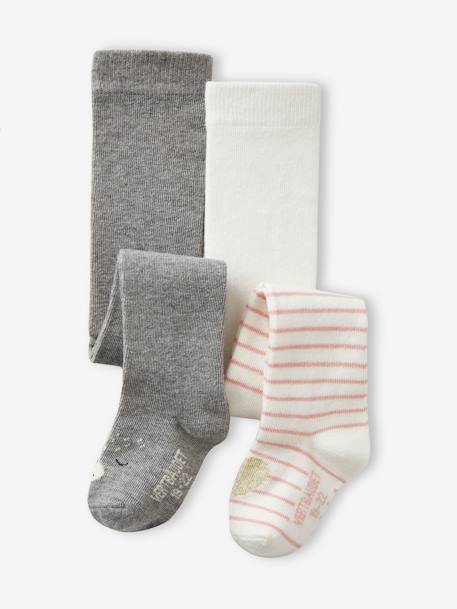 Lot de 2 paires de collants coeurs/animaux bébé fille gris ardoise 