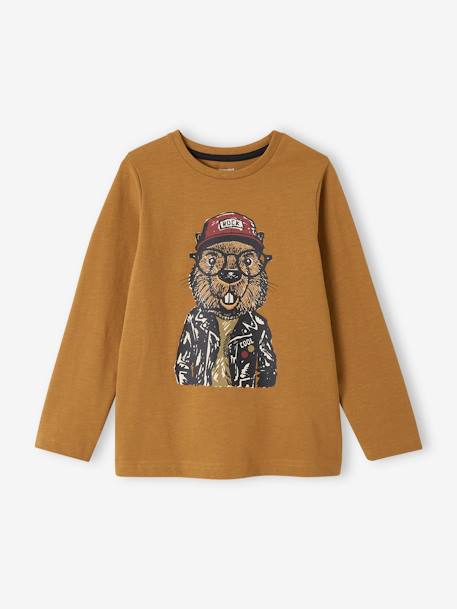 T-shirt fun motif animal crayonné garçon caramel+gris Chiné MOYEN+kaki 