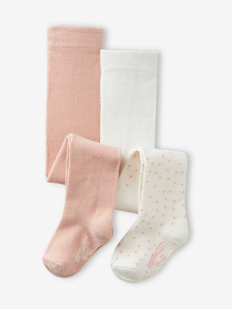 Lot de 2 paires de collants à pois/unis bébé fille rose poudré 