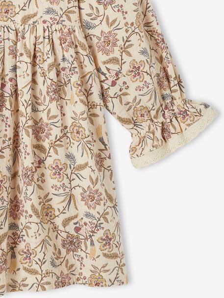 Robe à fleurs en gaze de coton fille beige imprimé 