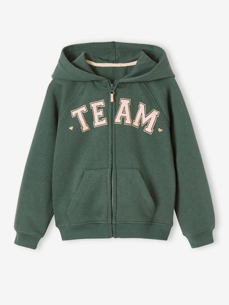 Sweat zippé à capuche motif 'Team' sport fille marine+vert+vert d'eau 