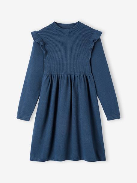 Robe à volants en tricot fille bleu nuit+bois de rose 