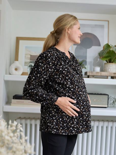 Blouse imprimée velours côtelé grossesse et allaitement noir 