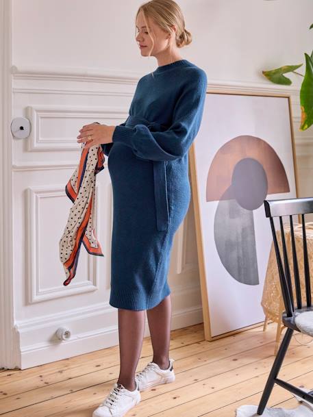 Robe-pull mi-longue avec ceinture de grossesse bleu océan 