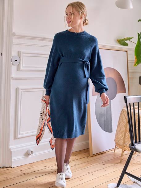 Pullover-Umstandskleid mit Bindegürtel wasserblau 