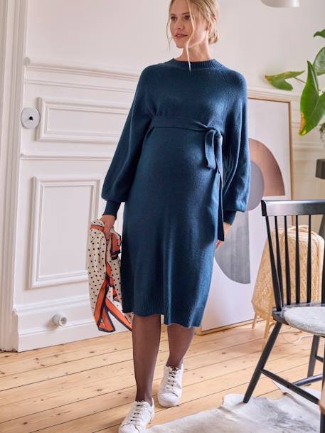 Pullover-Umstandskleid mit Bindegürtel wasserblau 
