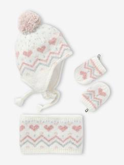 Ensemble bébé fille bonnet + snood + moufles maille jacquard fluffy