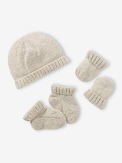 Bébé-Accessoires-Bonnet, écharpe, gants-Ensemble naissance en tricot bonnet + moufles + chaussons