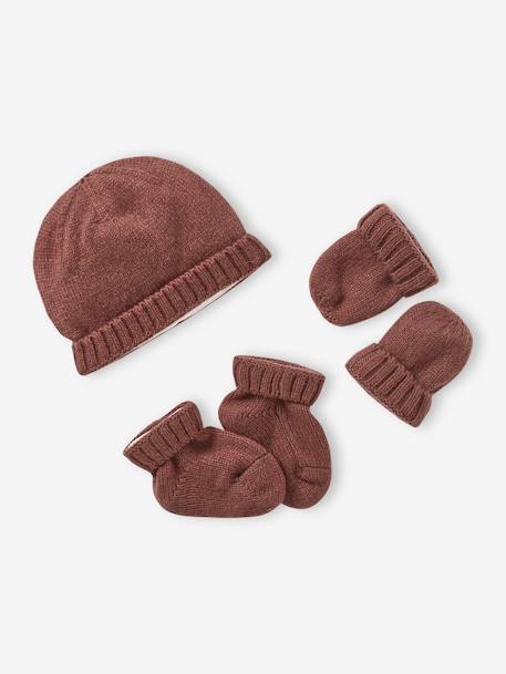 Ensemble naissance en tricot bonnet + moufles + chaussons beige chiné+noisette 