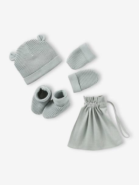 Ensemble bonnet, moufles et chaussons bébé naissance et son sac assorti bleu grisé+écru+marine 