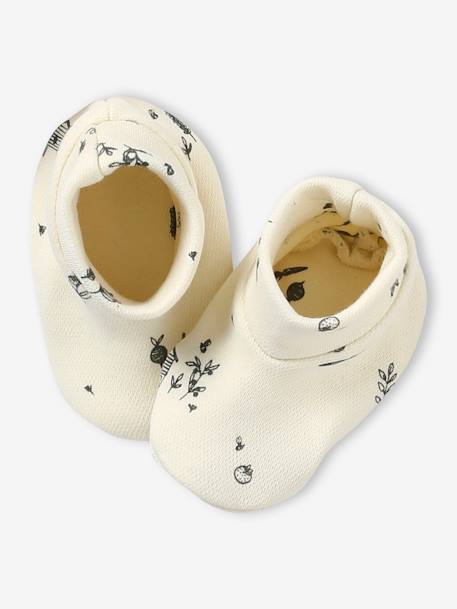 Ensemble naissance bonnet + moufles + chaussons + pochon écru 